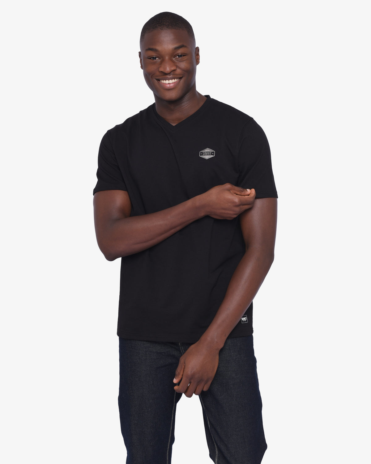 Black men's short sleeve V-neck T-shirt by Soviet, displayed on a mannequin with visible fabric texture and fit details.
