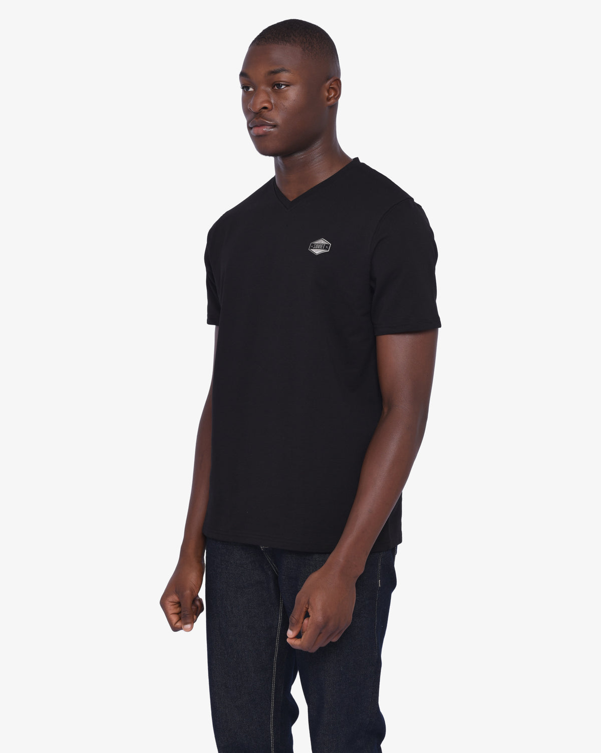 Black men's short sleeve V-neck T-shirt by Soviet, displayed on a hanger, showcasing casual apparel style.