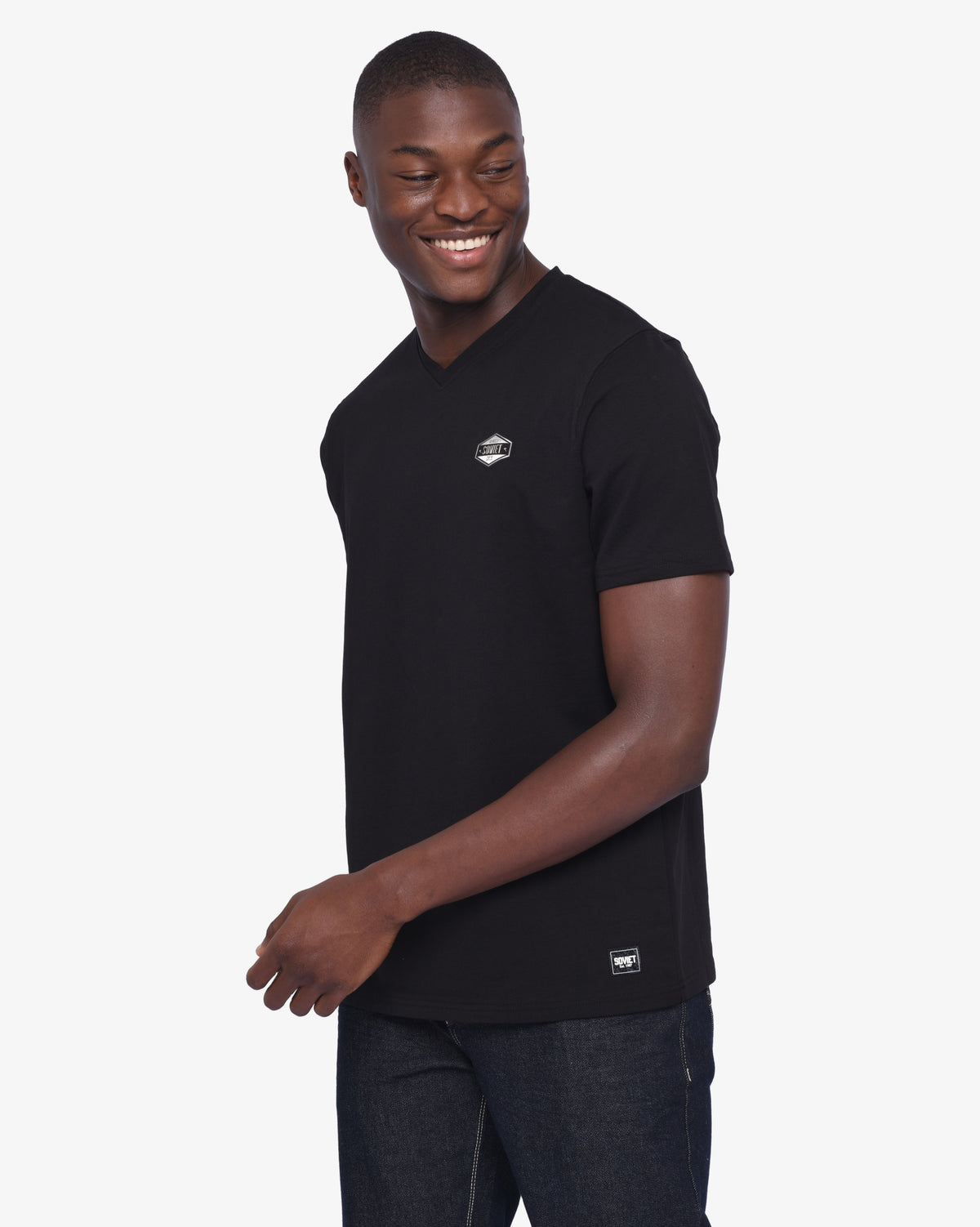 Black men's V-neck T-shirt by Soviet, short sleeve men's apparel, displayed on a hanger with a plain background.