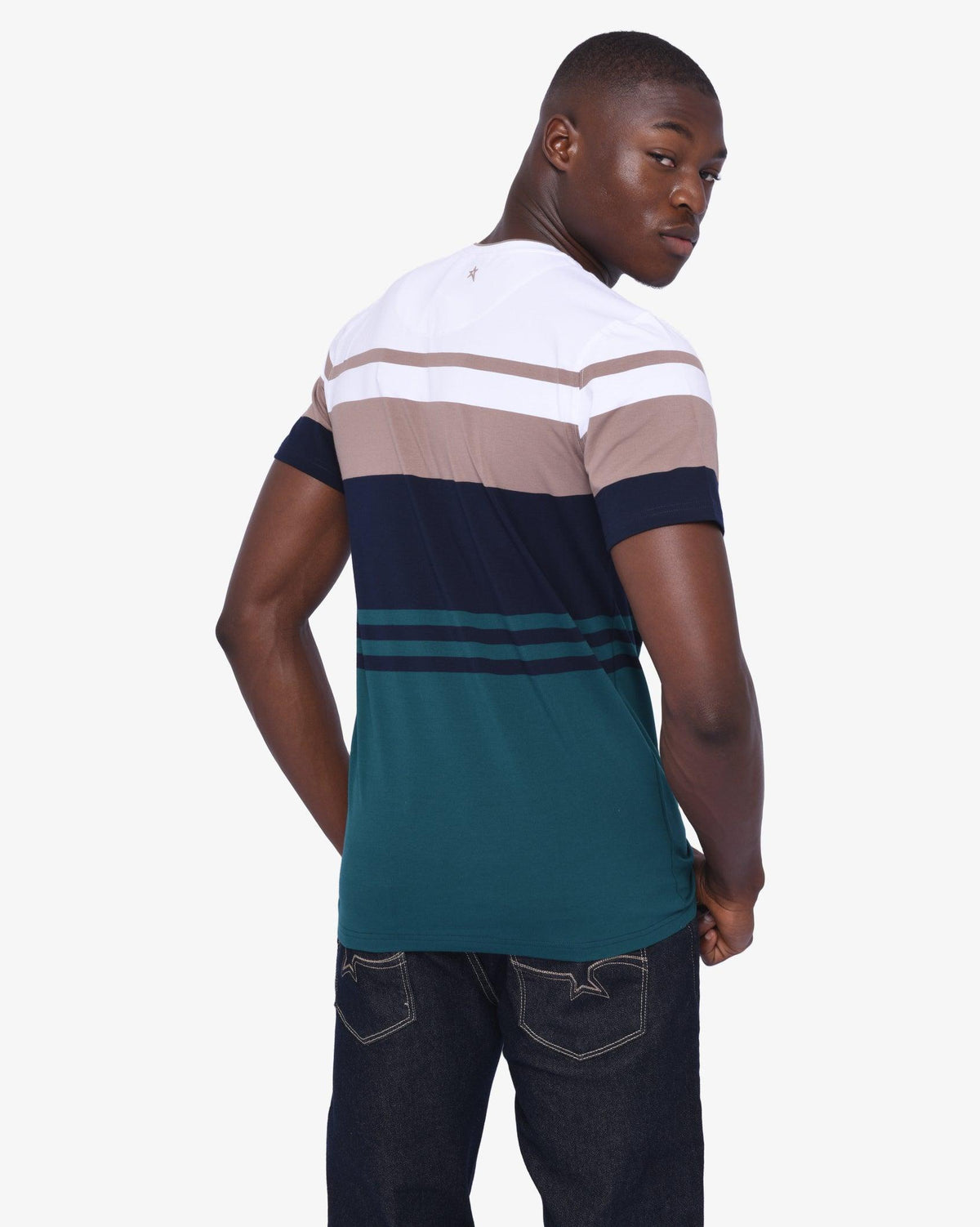 White men's cage short sleeve V-neck yarn dye T-shirt by Soviet, showing the fitted crew neck and textured fabric details.