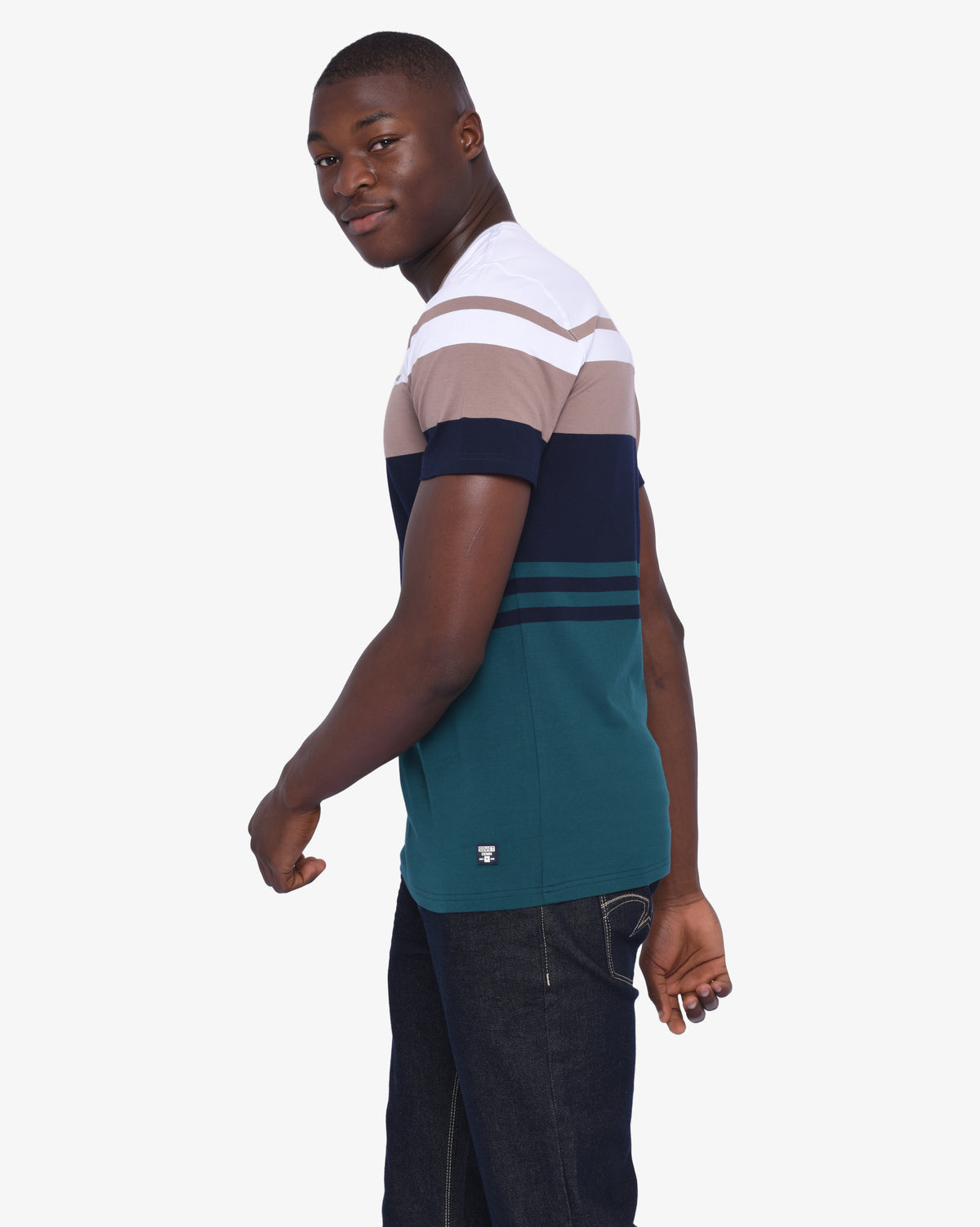 White men's cage short sleeve V-neck yarn dye T-shirt by Soviet, showing close-up of fabric texture and fit on model.