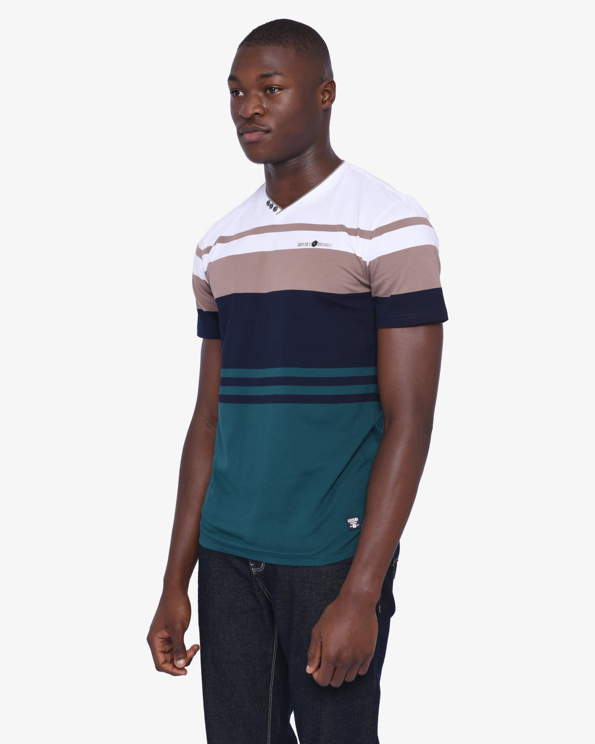 Soviet men's short sleeve V-neck yarn dye T-shirt with cage design, in white, casual apparel for everyday wear.