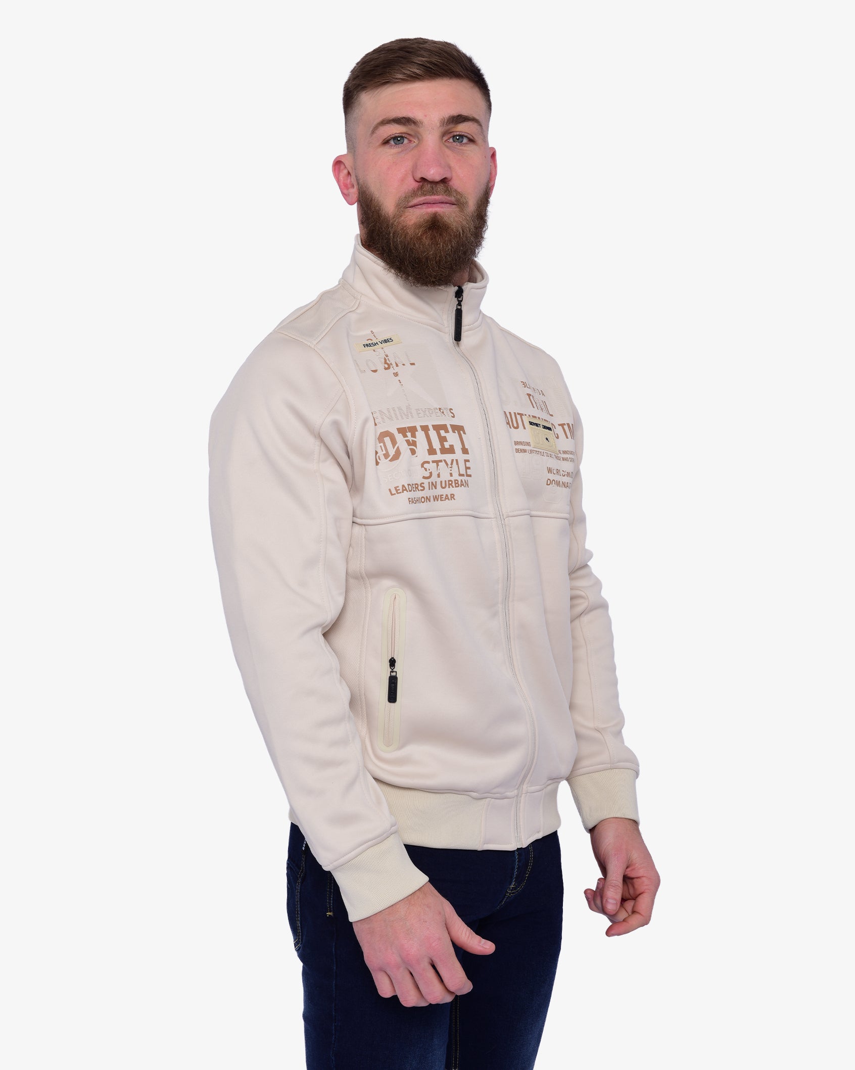 Men's Dempsey print jacket by Soviet in light sand color, showcasing the stylish printed design and casual apparel style.
