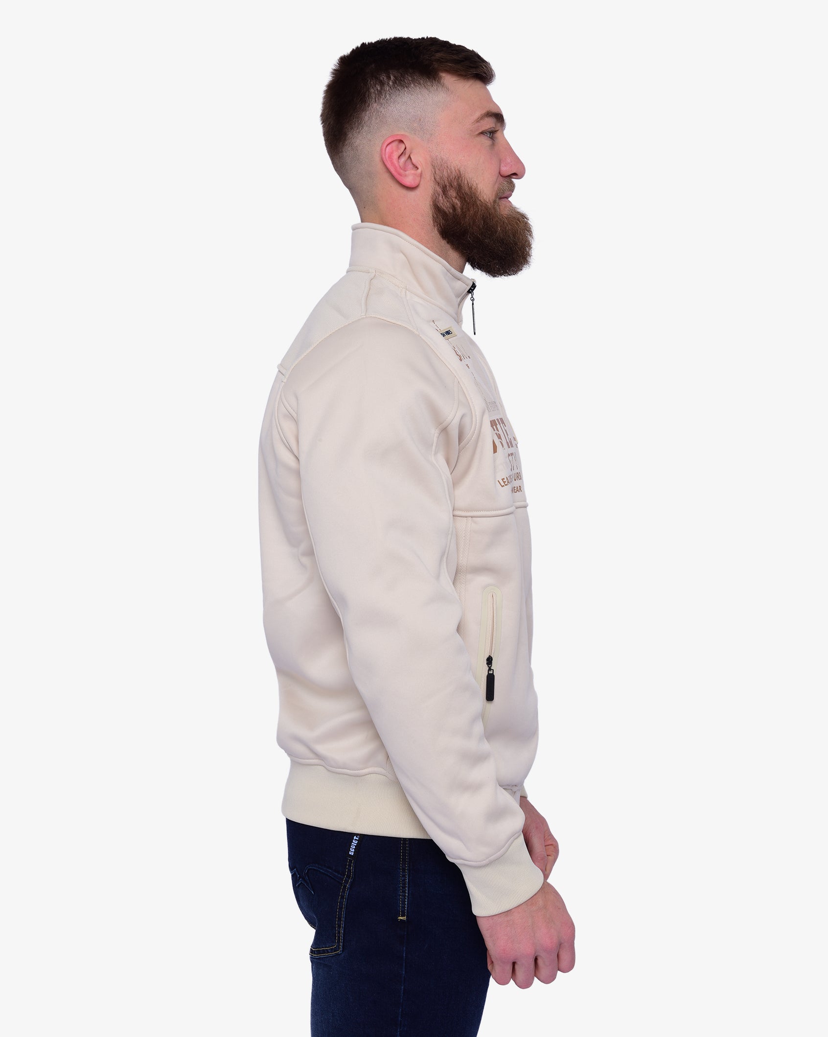 Men's Soviet Dempsey print jacket in light sand color, stylish apparel with a bold graphic design and comfortable fit.