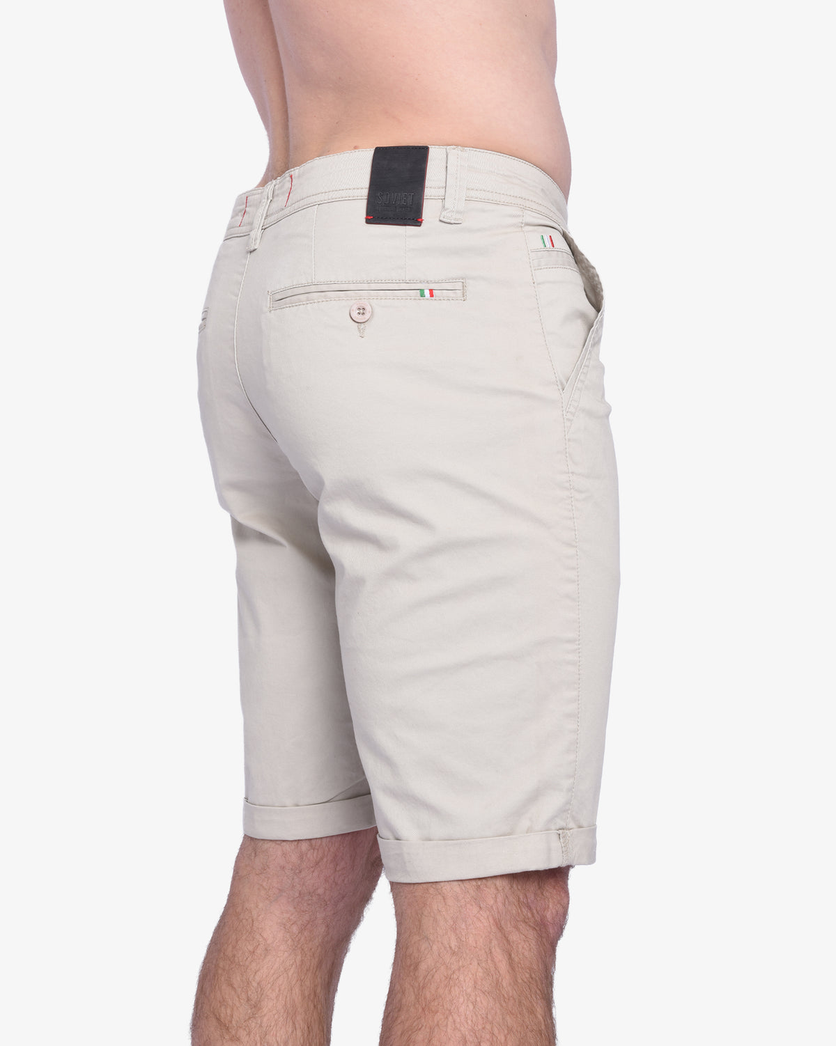 Men's Femicino chino shorts by Soviet, beige cotton shorts with front pockets and belt loops, casual menswear apparel.