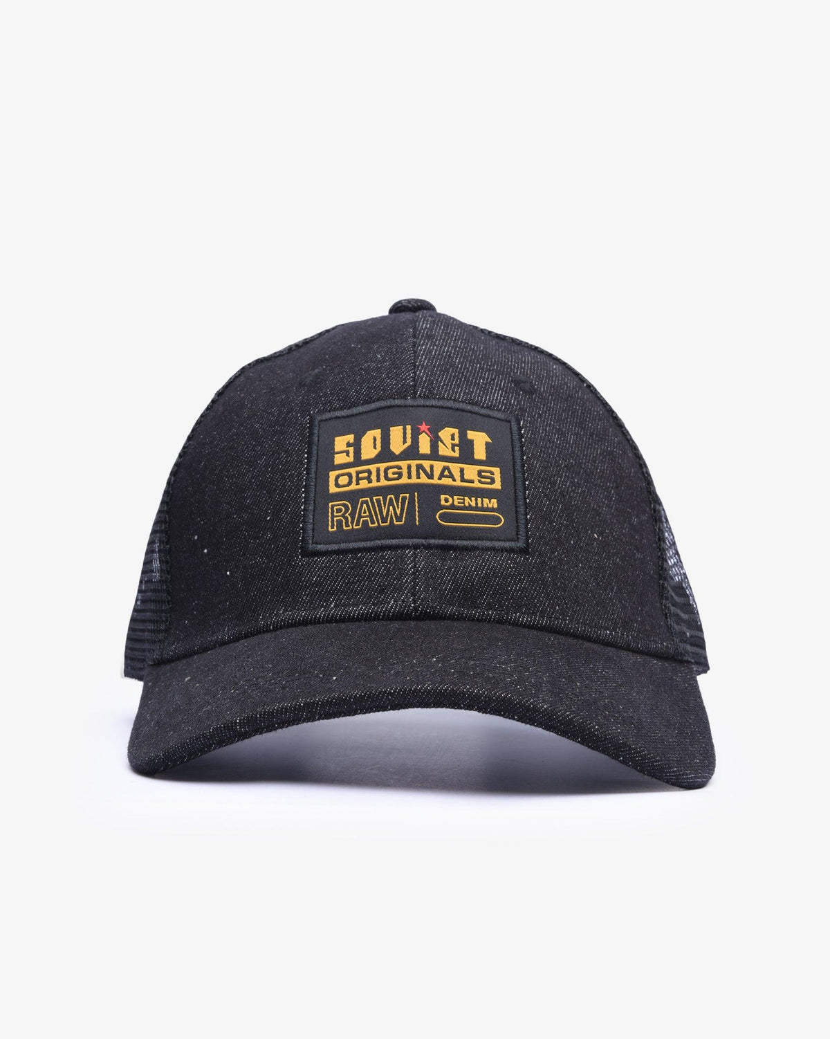 Soviet Miles black denim cap, stylish accessories with a curved brim and adjustable strap, shown from front view.
