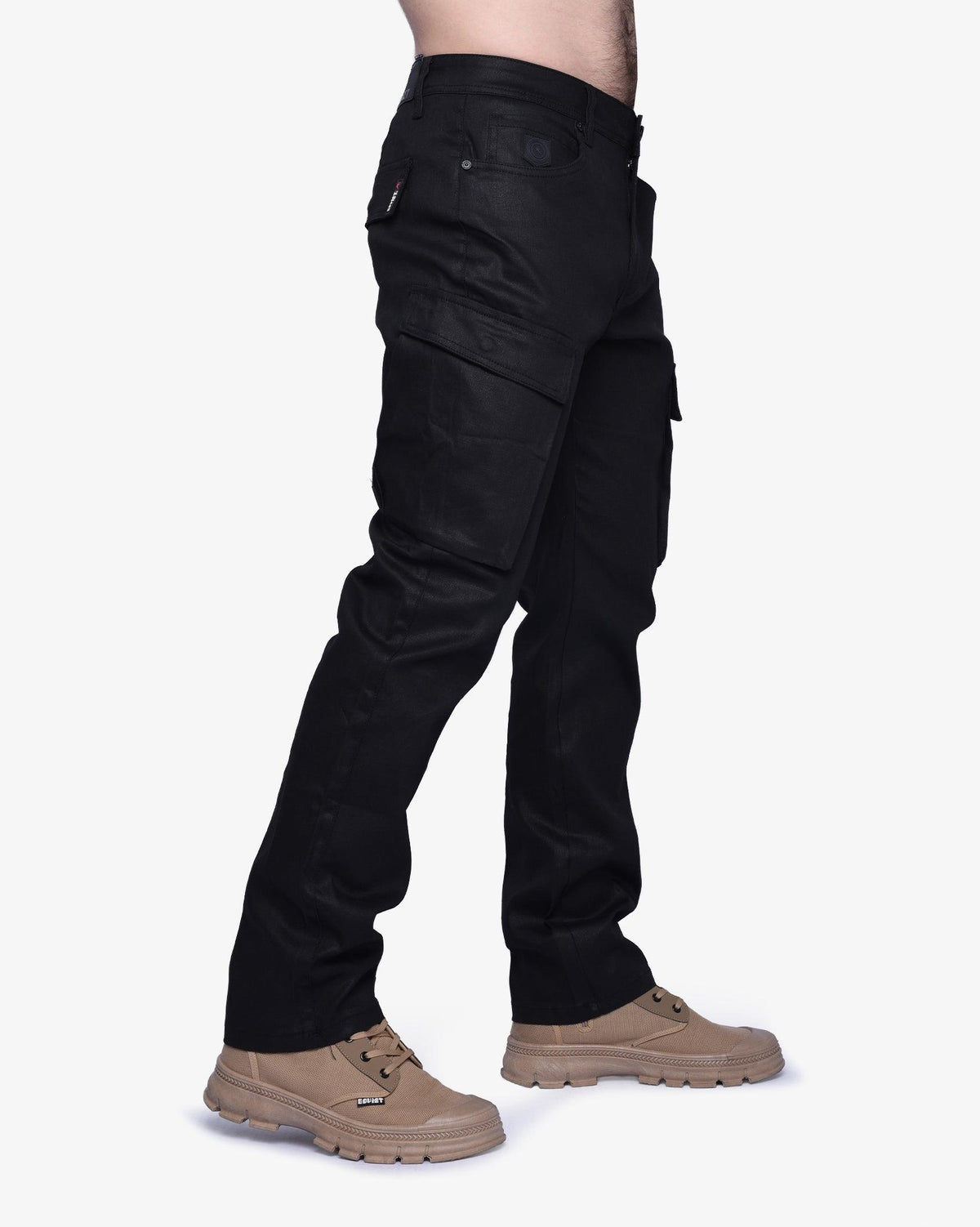 Mens Soviet Jerry wax finish denim cargo jeans in black, casual apparel featuring multiple pockets and rugged style.