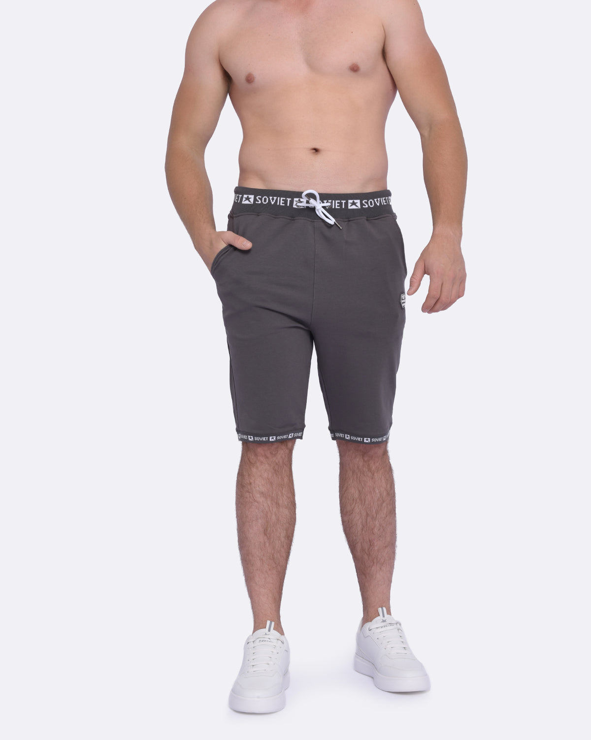Men's Soviet Keeper track shorts in anthracite color, featuring athletic design and comfortable fit for sports and casual wear.