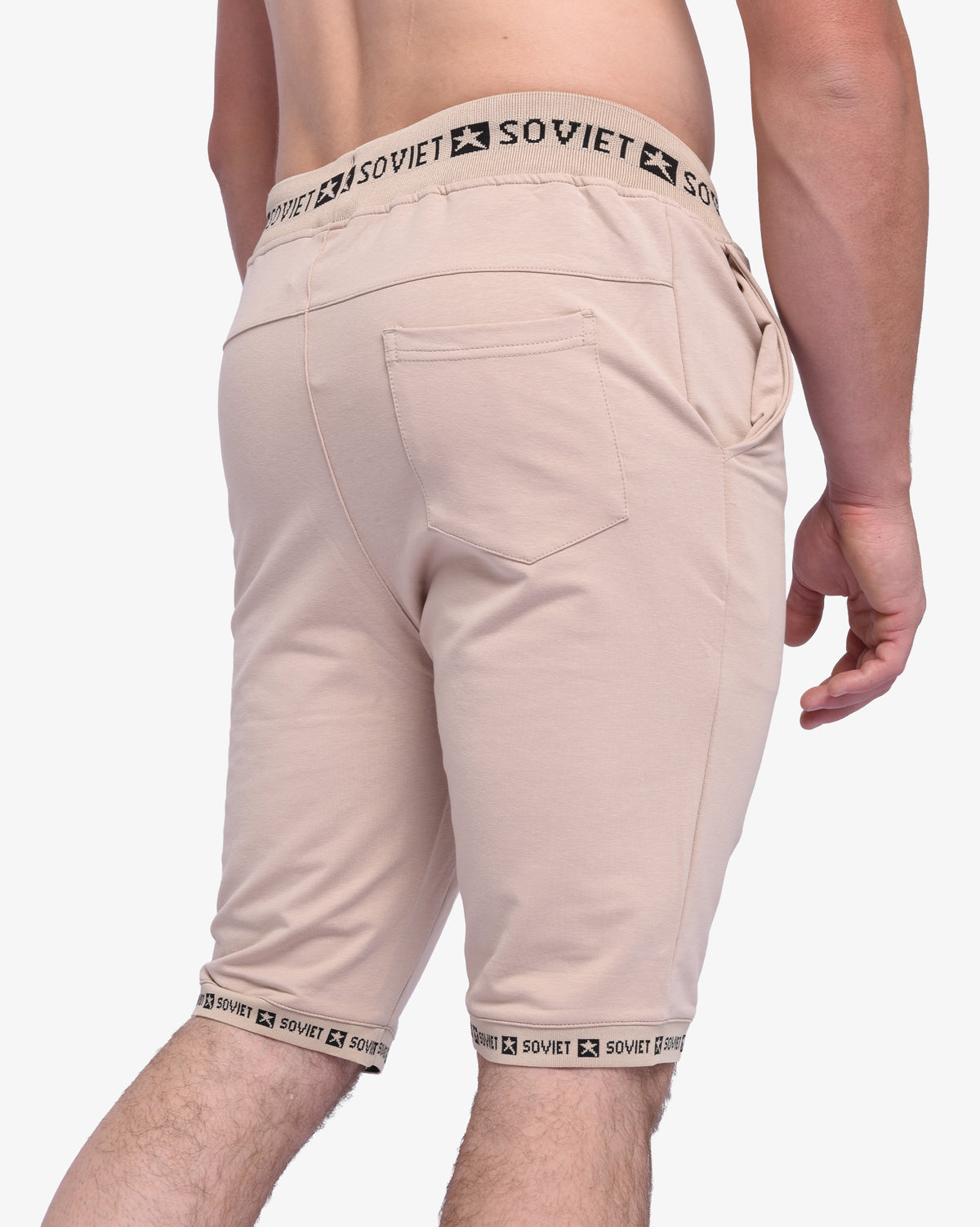 Men's Soviet Keeper track shorts in black with side pockets and an elastic waistband, designed for athletic wear.