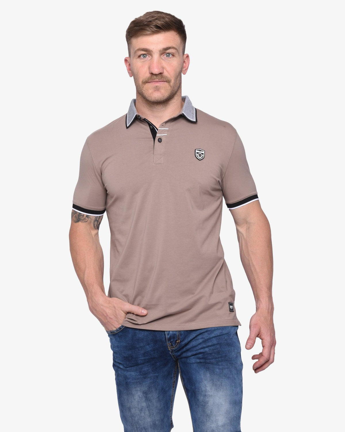 Men's Soviet Ledger button-up golf shirt in taupe, stylish men's apparel with a classic collar and detailed stitching.