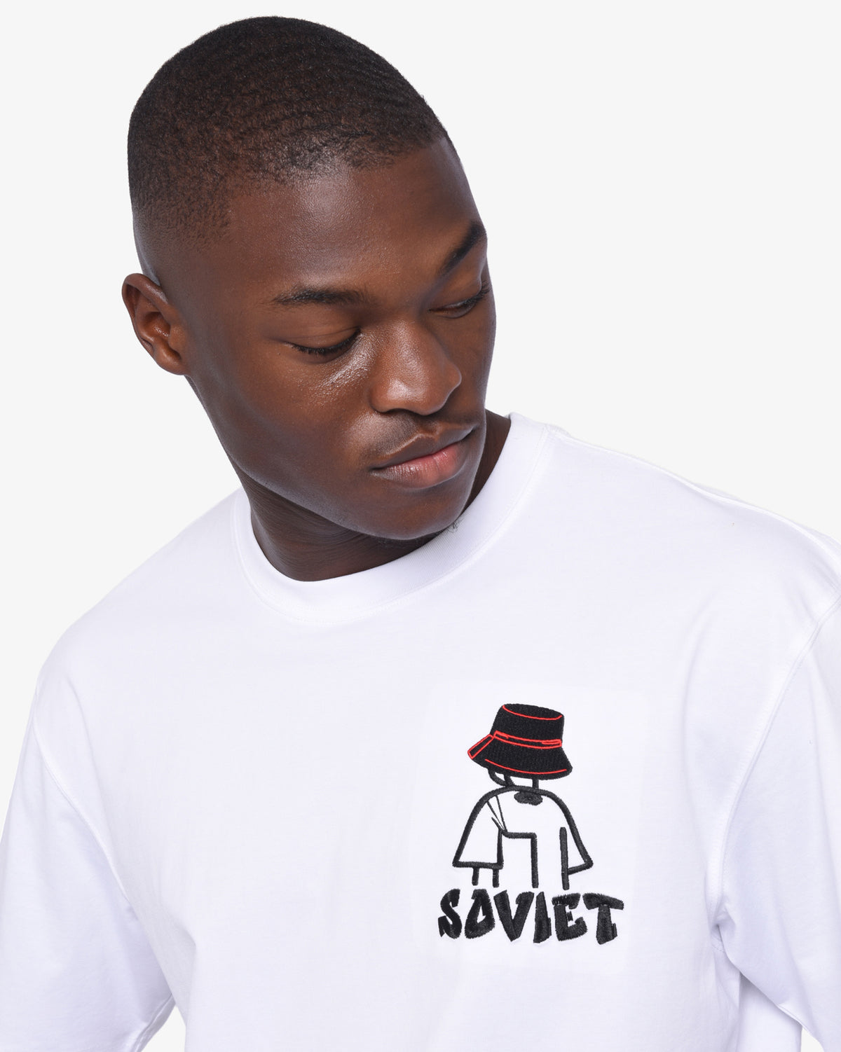 Mens white Soviet Liam App short sleeve box fit fashion T-shirt displayed on a hanger.
