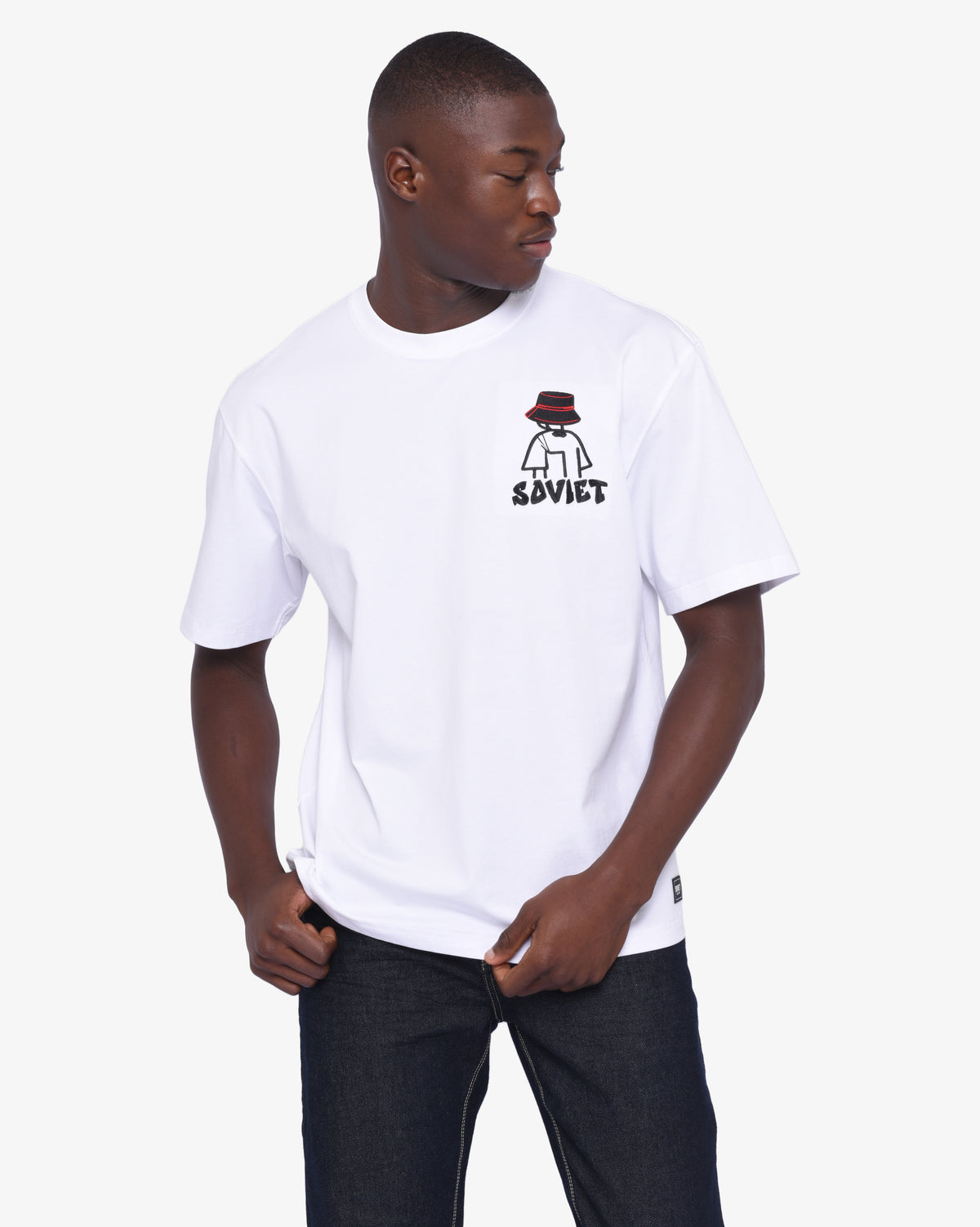 White men's Liam App short sleeve box fit T-shirt by Soviet, casual fashion apparel with a comfortable fit.