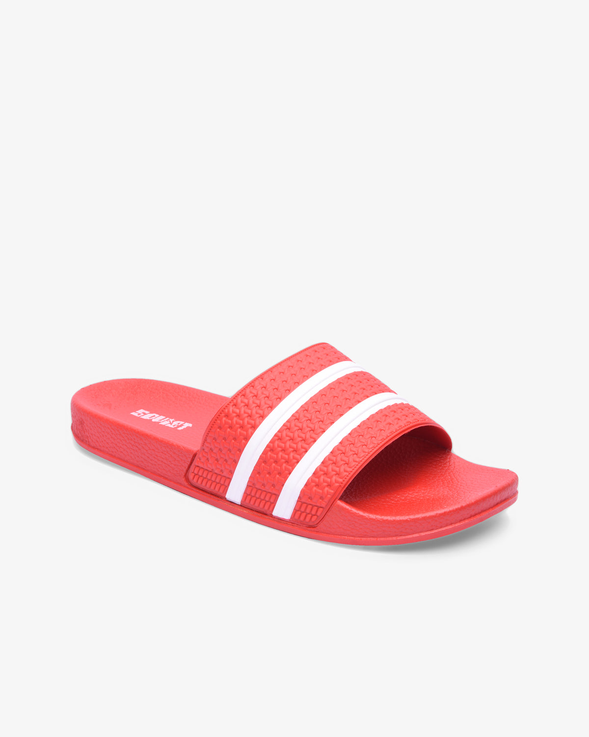 Red and white men's casual slider footwear by Soviet, featuring a comfortable slip-on design and modern style.