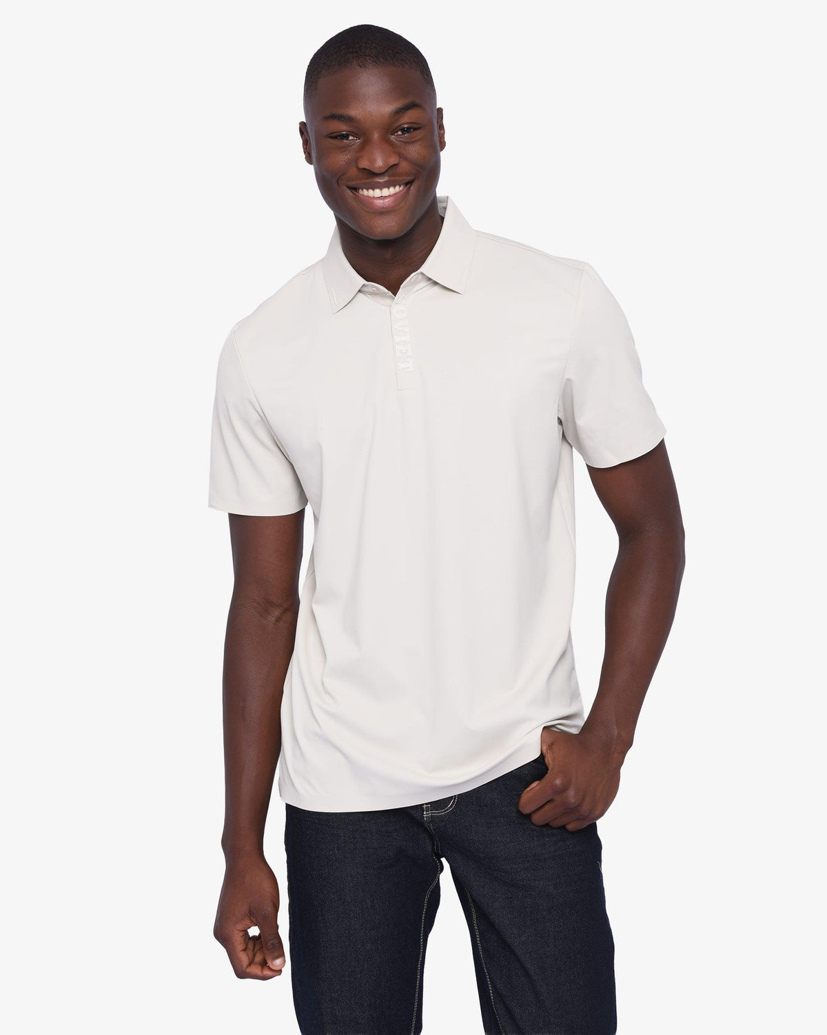 Men's Soviet Val short sleeve golf shirt in cement color, stylish men's fashion golfer apparel with a modern fit.