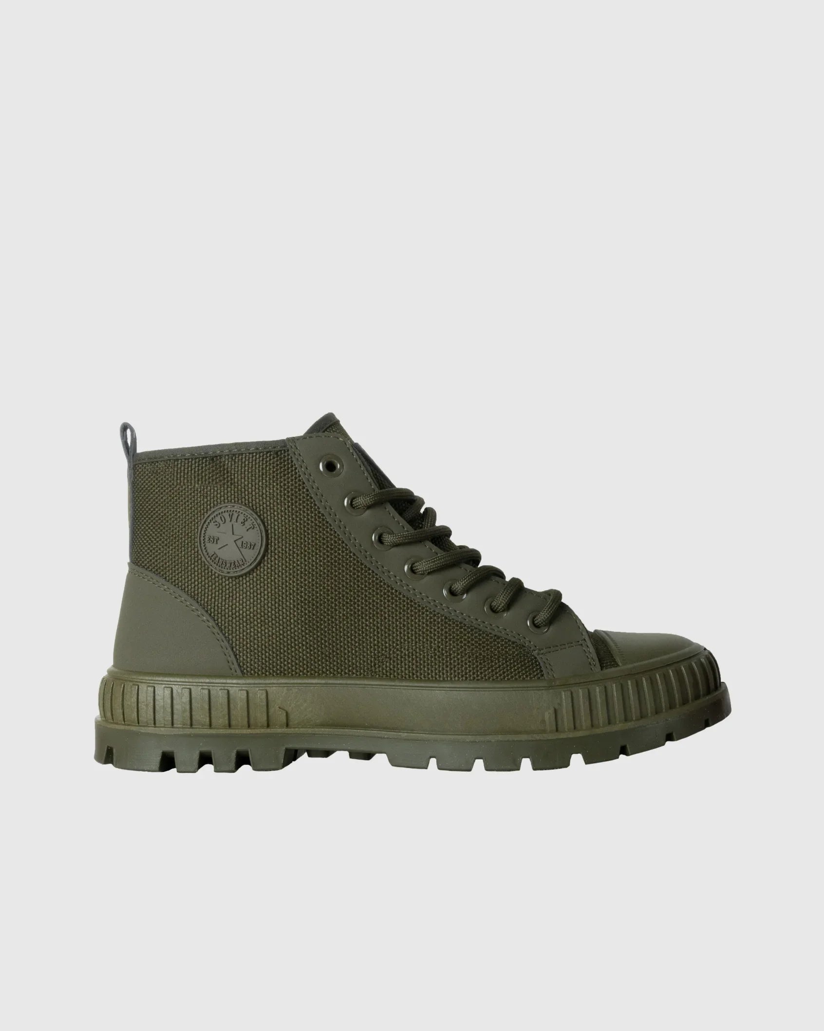Olive green high-top sneaker with rugged sole and textured side panel on white background