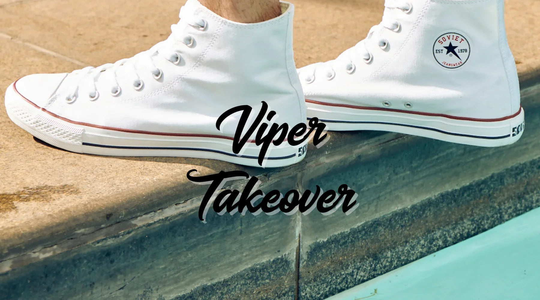 White high-top sneakers with urban style logo by a pool, Viper Takeover text overlayed