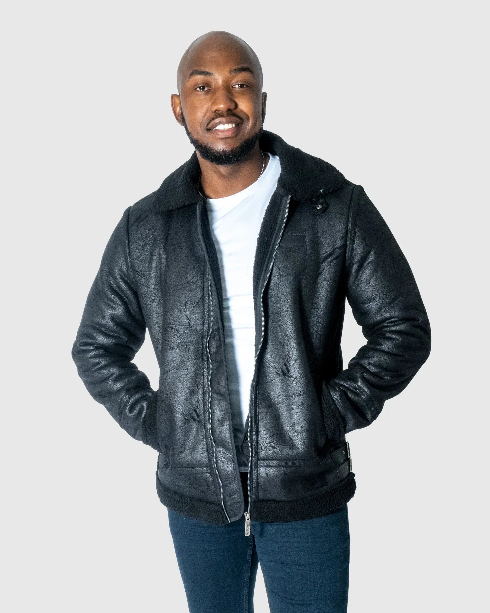 Black faux suede fleece jacket with zip front and sherpa collar