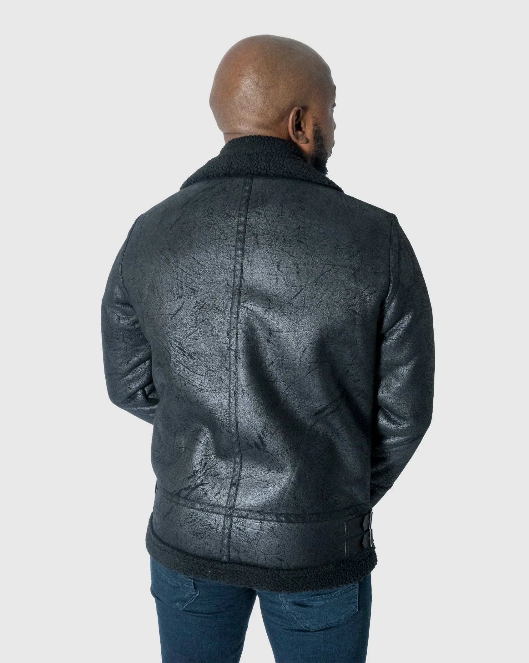 Black faux suede fleece jacket with sherpa collar and full-zip, back seaming