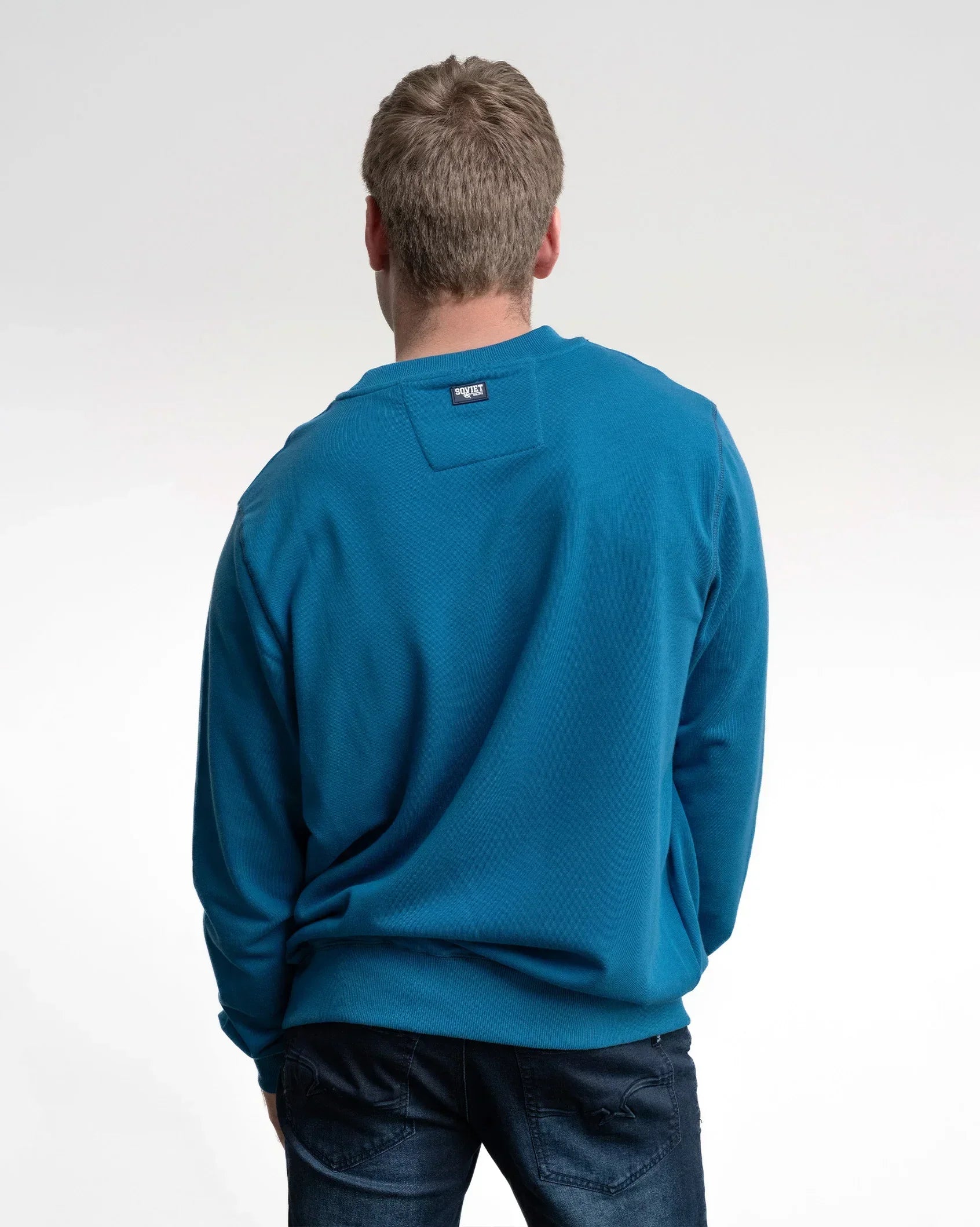 Men's sea blue crewneck sweatshirt, plain back, long sleeves
