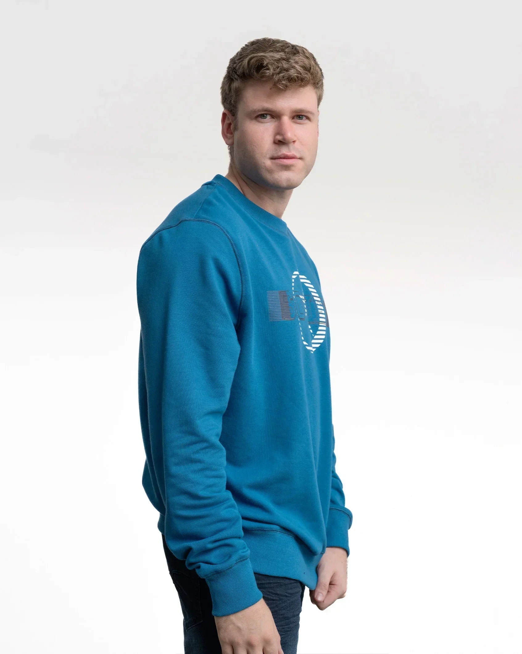 Men's sea blue sweatshirt with small chest logo graphic, long sleeves