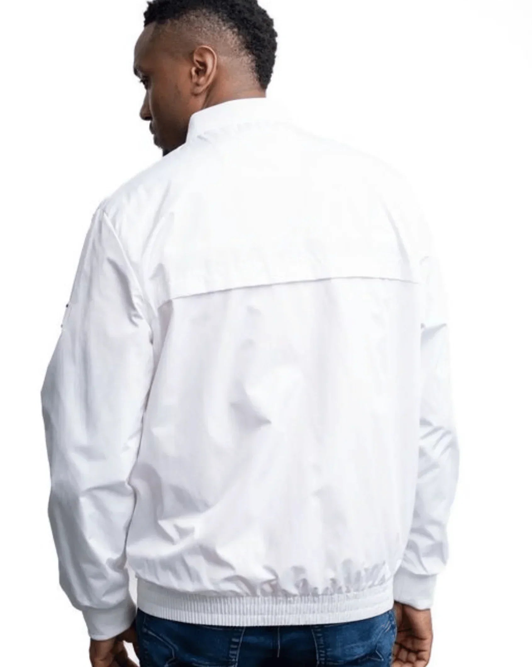 White lightweight jacket with stand collar, full-zip front, and elastic cuffs