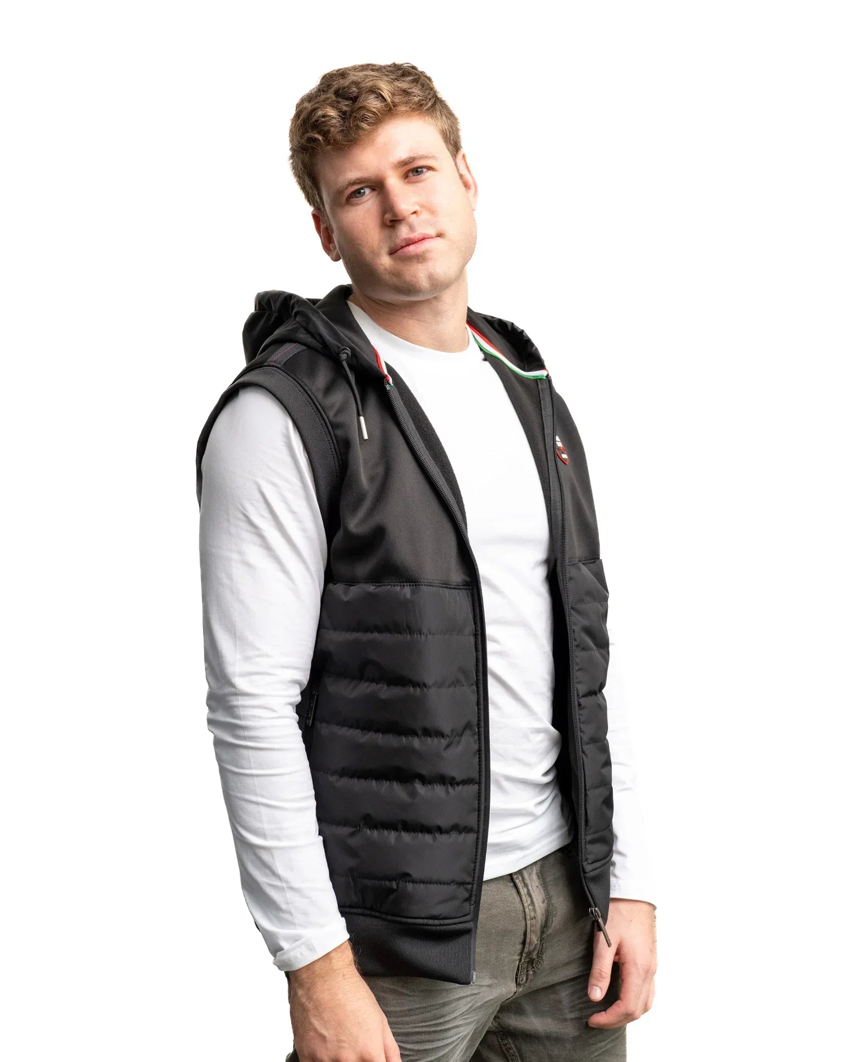 Black sleeveless hooded gilet with quilted padding and zip front