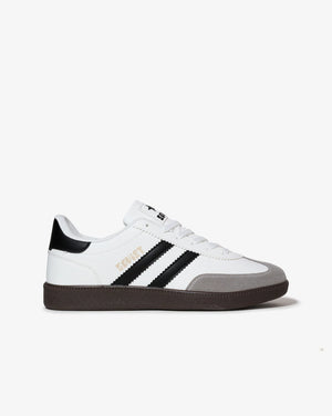 Men's Soviet Ness low cut casual sneaker in white, black, and dark gum with a sleek footwear design.