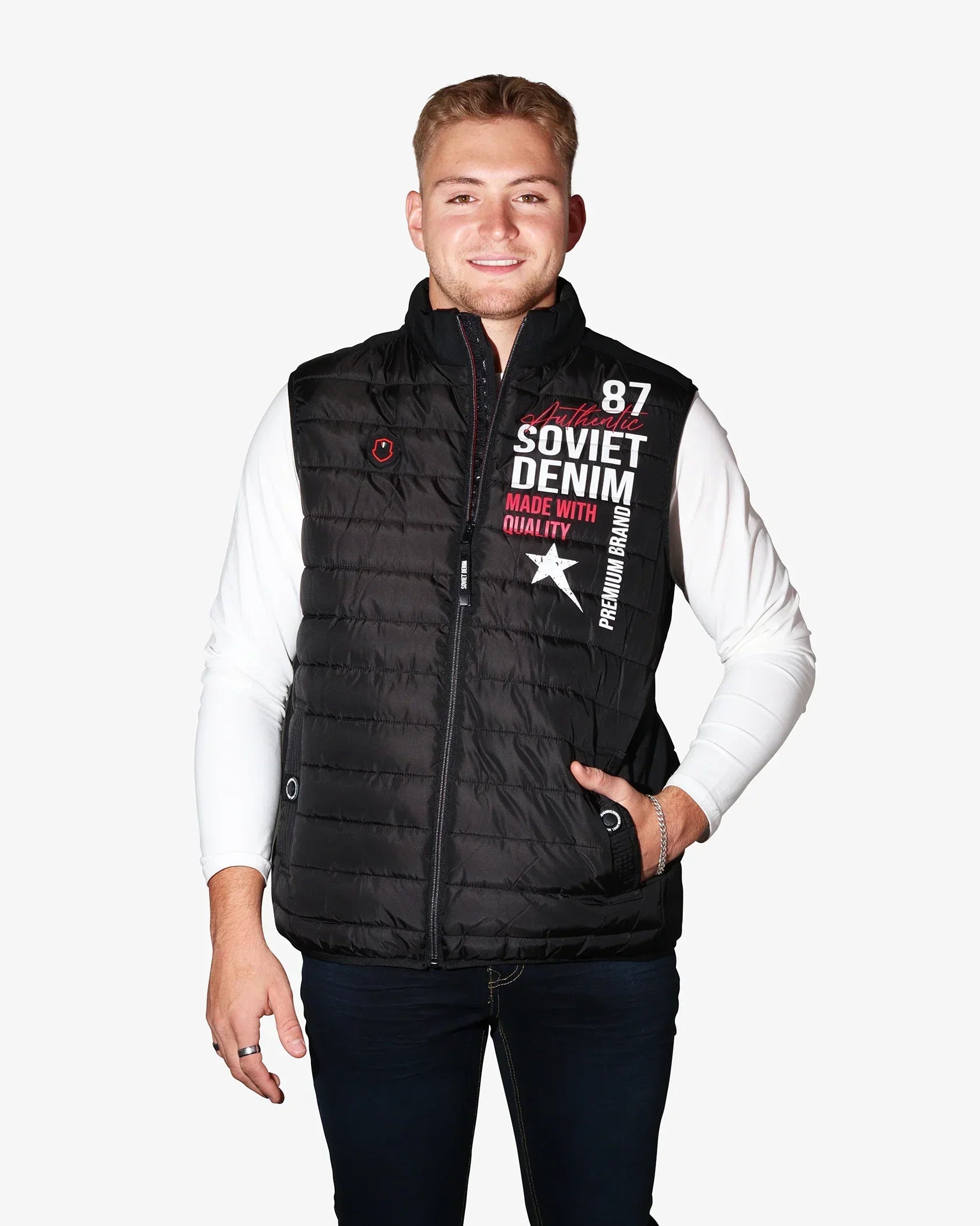 Men's Soviet Bello quilted print gilet with padded design, lightweight sleeveless outerwear, and stylish quilted pattern.