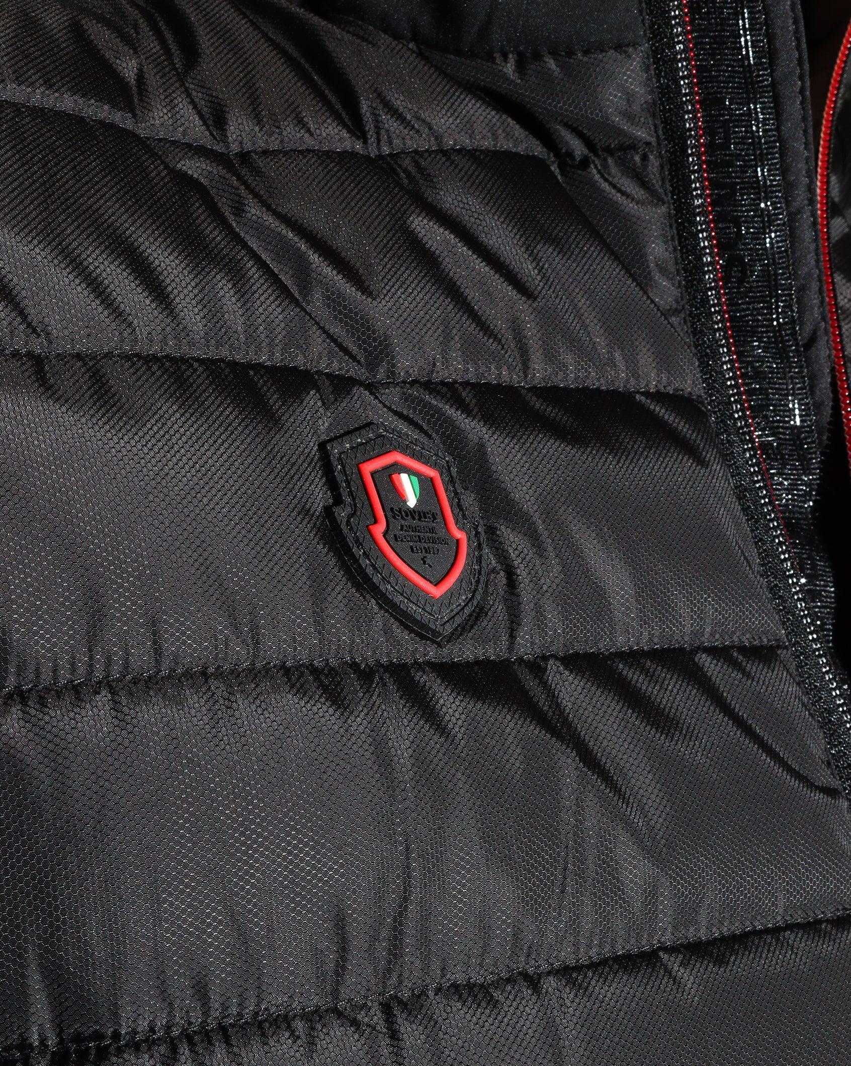 Men's Soviet Bello quilted print gilet, stylish men's apparel with a quilted design and printed pattern, front view.