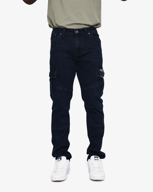 Soviet Mens Bobby Cargo Jeans in dark denim with multiple pockets, relaxed fit, and sturdy stitching for casual wear.