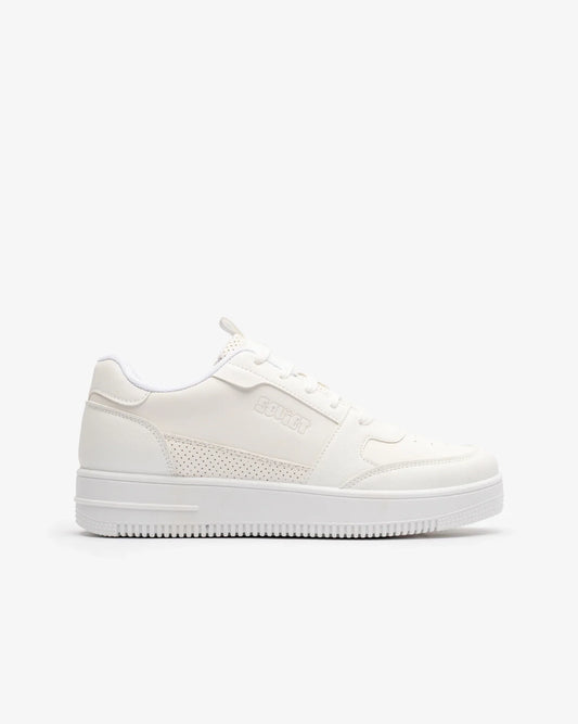 Light beige PU lace-up sneaker with perforated side stripe and white sole