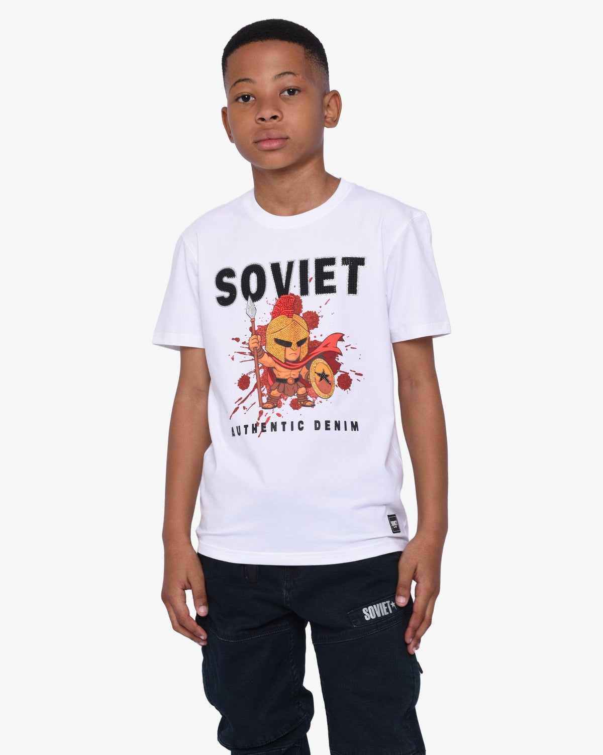 White boys' short sleeve fashion t-shirt by Soviet, featuring a stylish casual design with the Antonio logo.