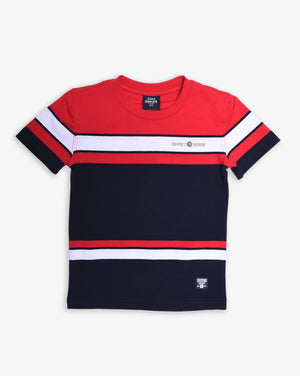 Red crew neck yarn-dye stripe T-shirt for boys by Soviet, featuring colorful horizontal stripes and comfortable casual style.