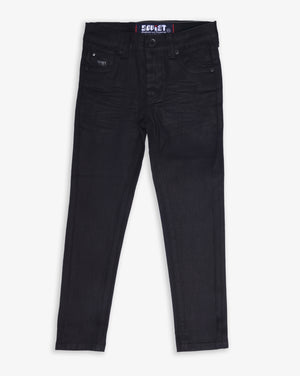 Soviet Boys Clooney wax finish jeans in black, denim apparel with a stylish, slim fit design for boys.