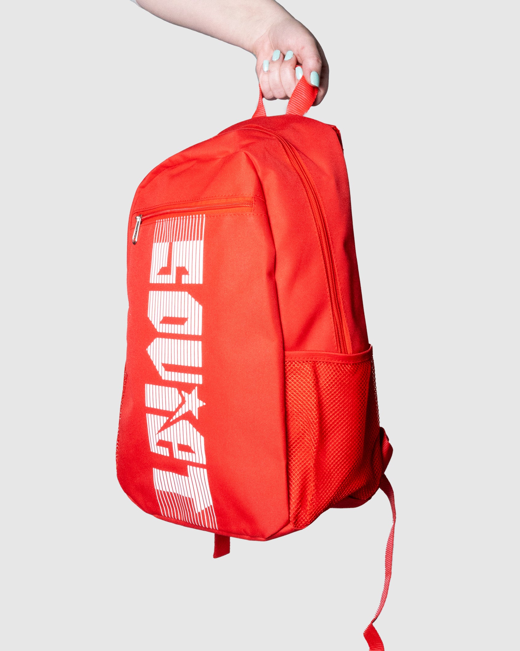 Backpack with red and white logo best sale