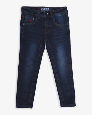 Boys Soviet Lavish fashion skinny jeans in blue and black denim with a slim fit and classic styling.