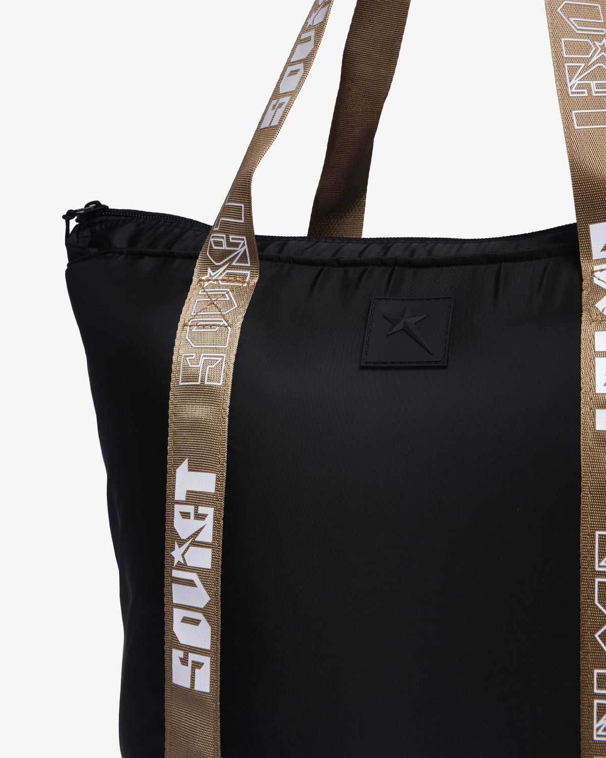 Soviet Clio Fashion Tote Bag for ladies in black and taupe, stylish accessories with spacious interior and sleek design.