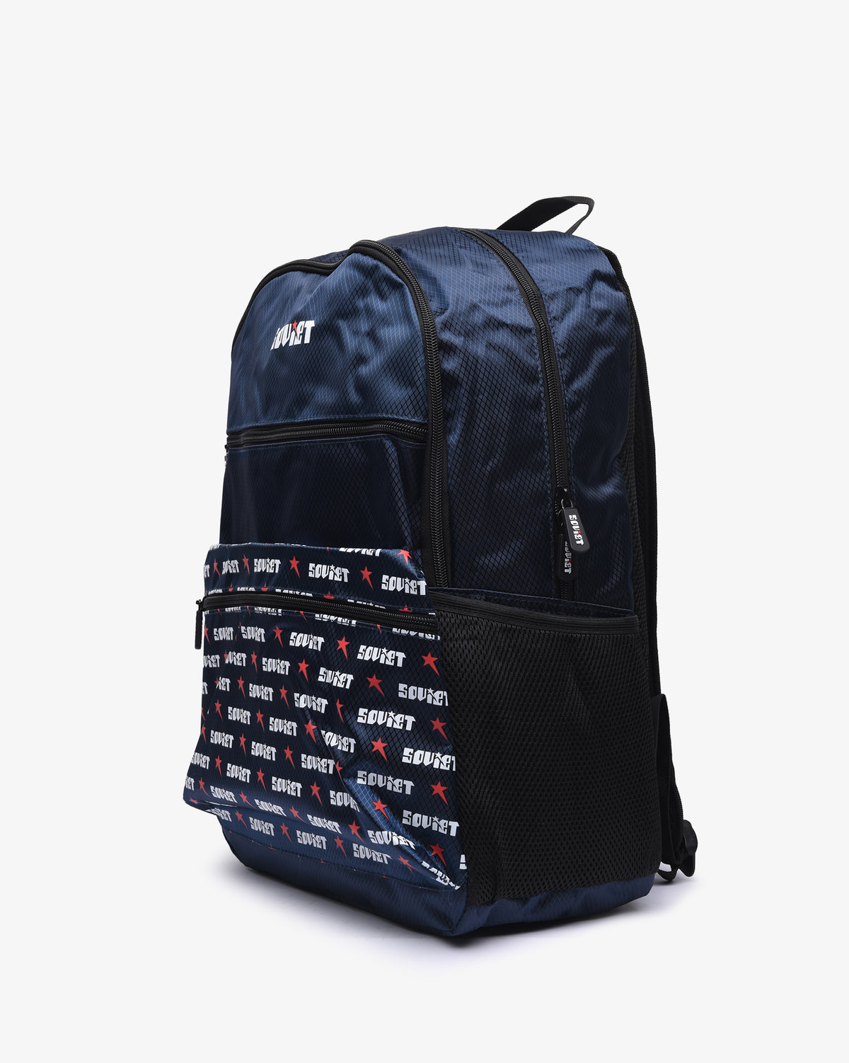 Navy print Ezra backpack by Soviet, stylish accessories bag with adjustable straps and spacious main compartment.