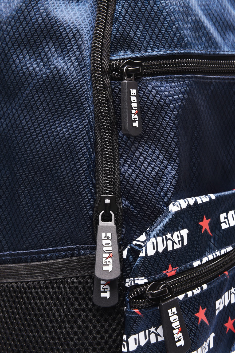Soviet Ezra print backpack with navy and white design, made for accessories, featuring adjustable straps and spacious main compartment.