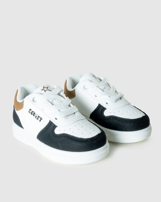 Infants Society Sneaker in white black and nude, front view