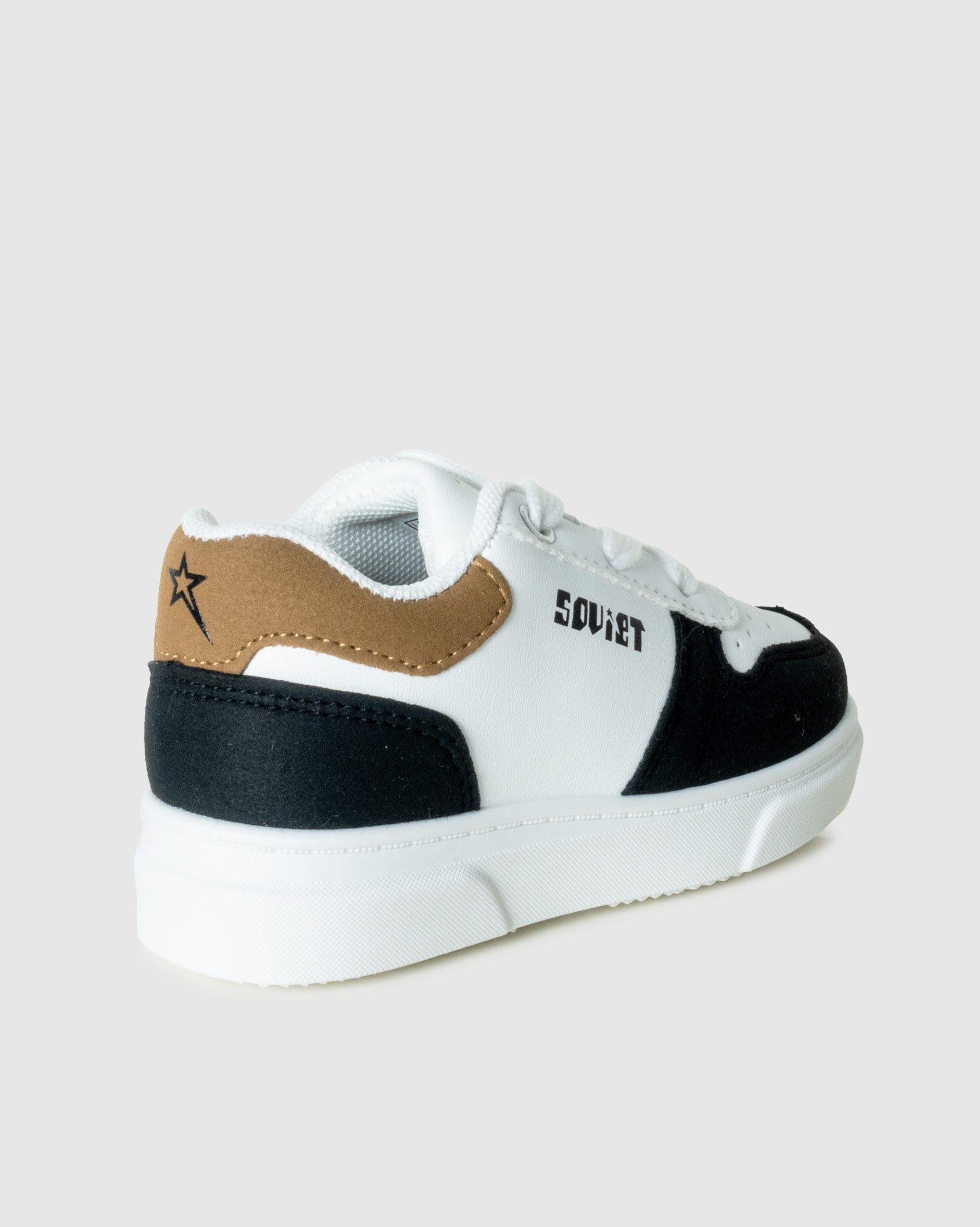 Infants Society Sneaker in white black and nude, back view