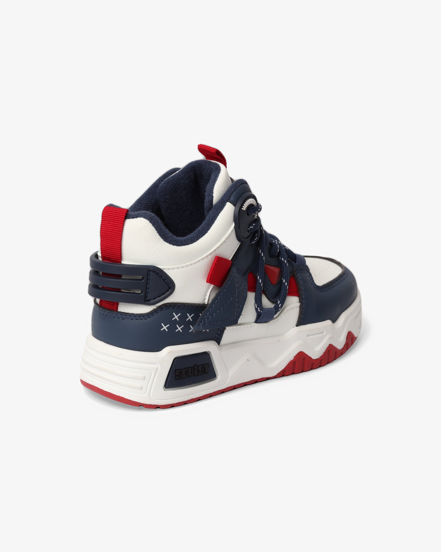 Youth Cooper Hi Cut Casual PU sneaker by Soviet featuring white, navy, and red color blocking, shown in side view.