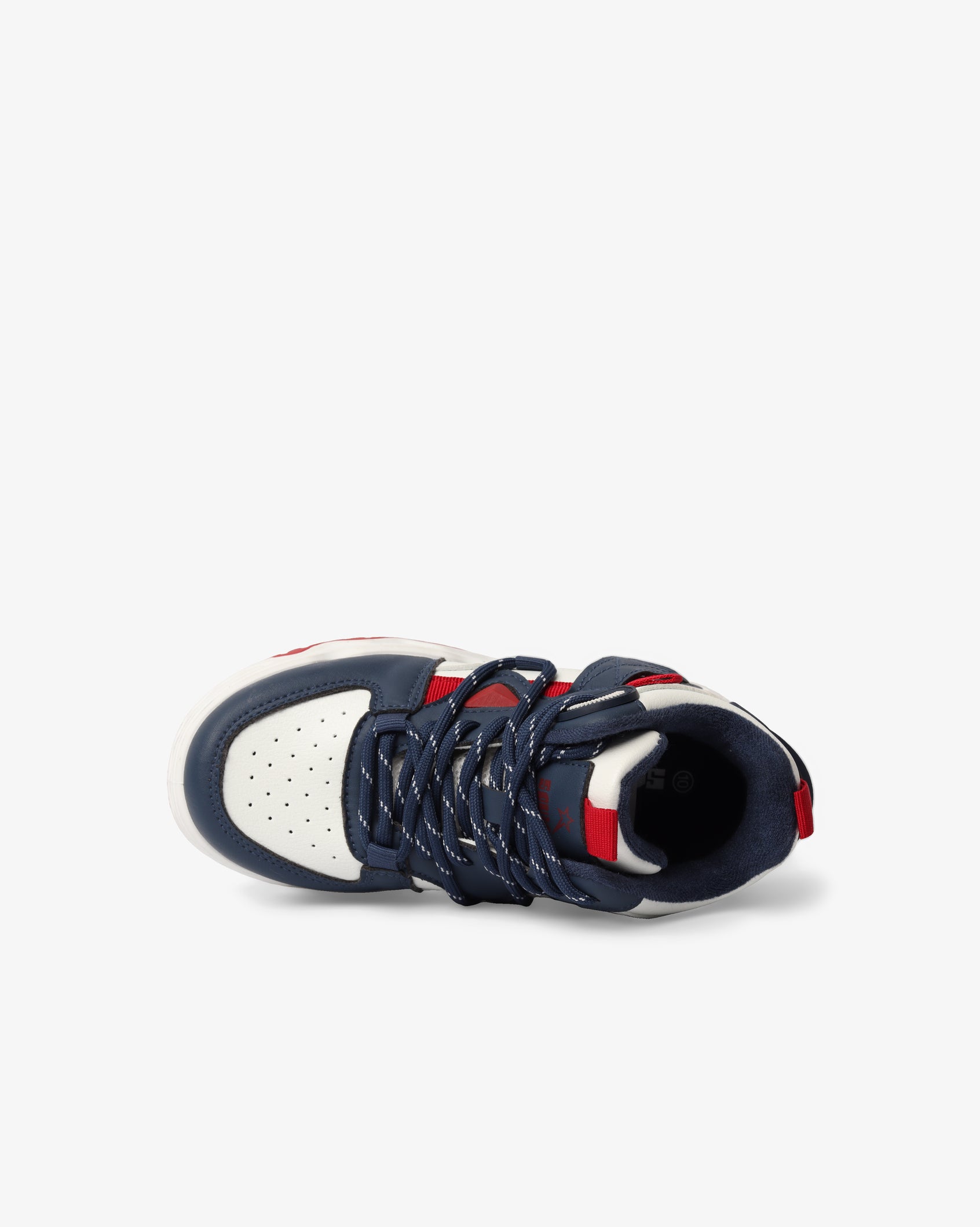 Youth Soviet Cooper hi cut casual PU sneakers in navy and red, showcasing the stylish footwear with white soles and laces.