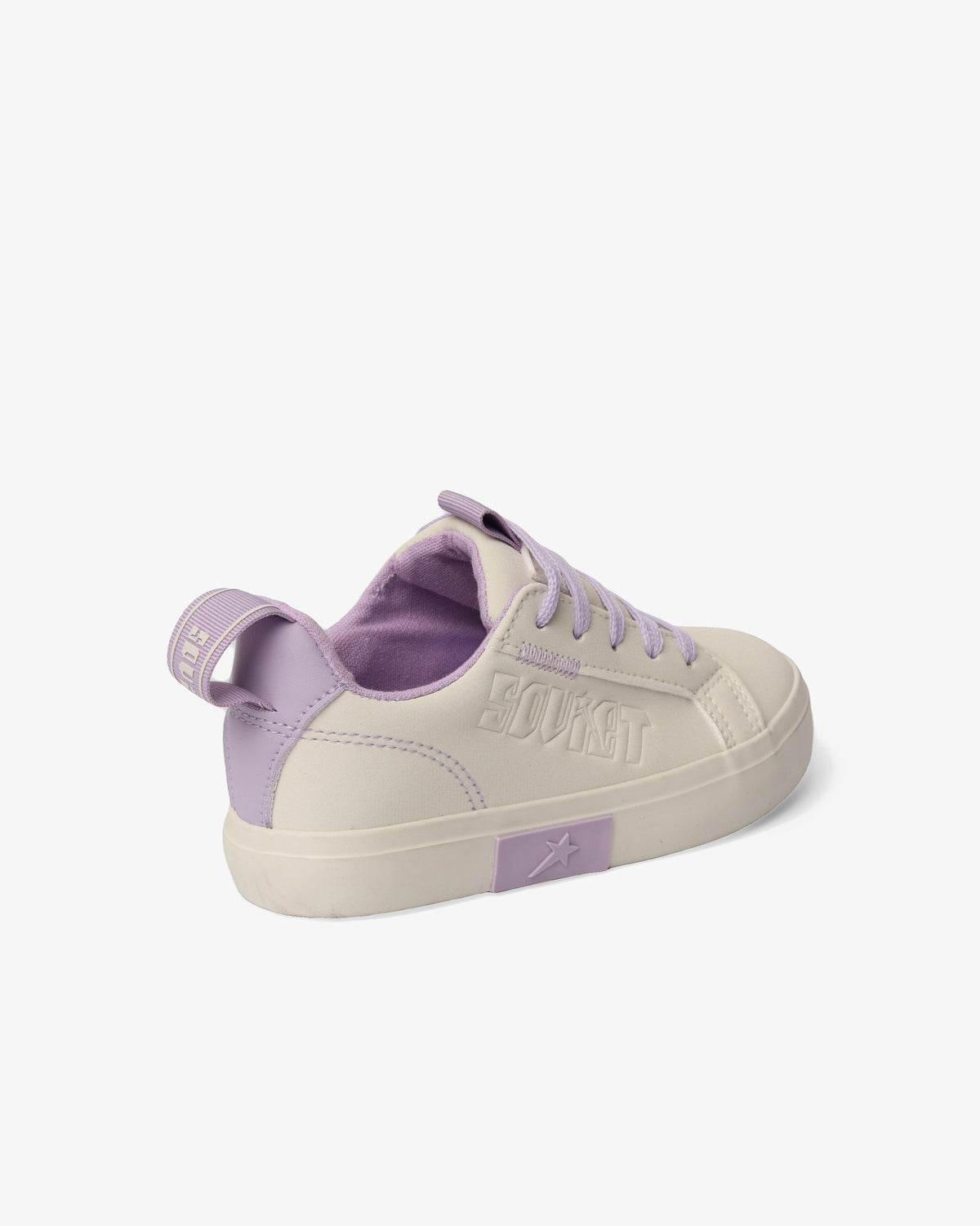 Kids Hollywood low cut PU sneaker by Soviet in cream and lilac with white sole, casual footwear for children.