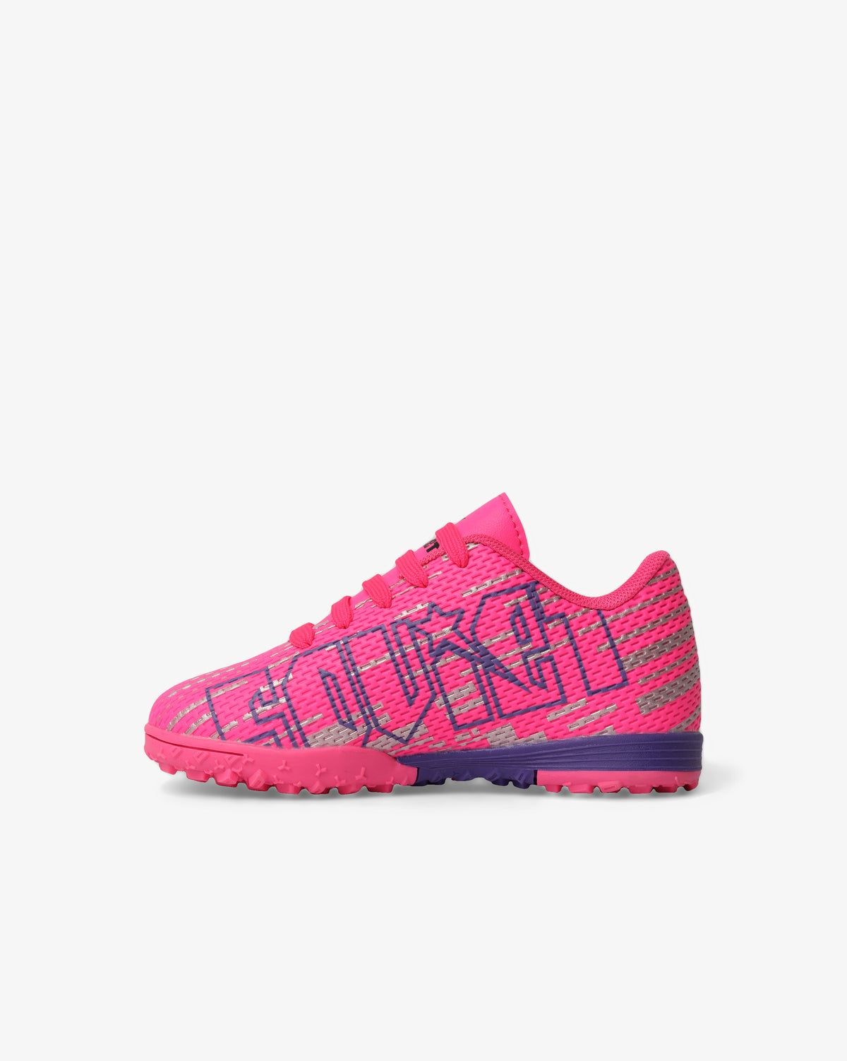 Kids' Mbappe casual PU lace-up sneaker by Soviet in hot pink, silver, and purple with plim sole design.