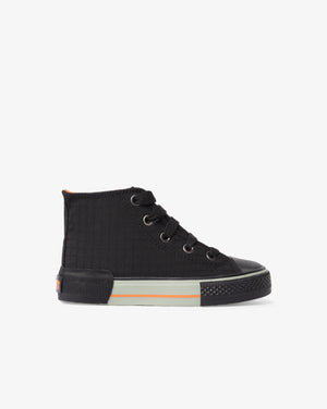 Kids Soviet Meta vulcanized hi-cut ripstop lace-up sneakers in black and orange, showcasing durable footwear for children.