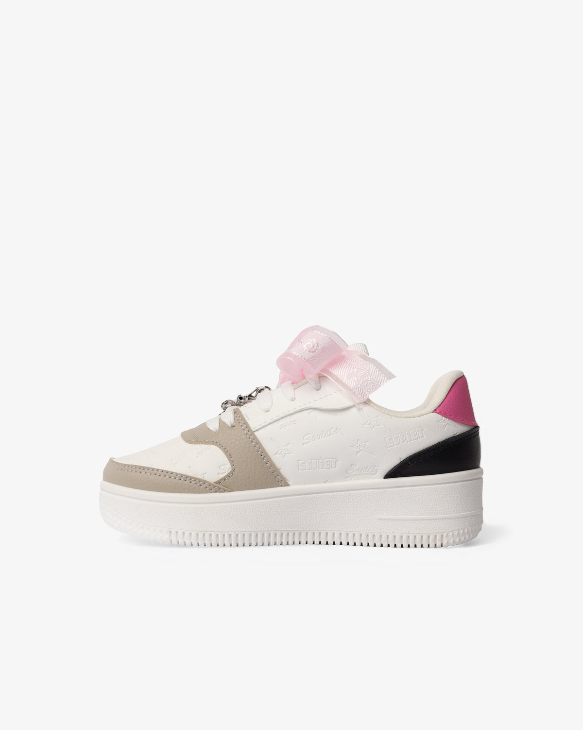 Kids Soviet Scarlett low cut casual platform sneaker in white, pink, and black with a sporty design and comfortable footwear style.
