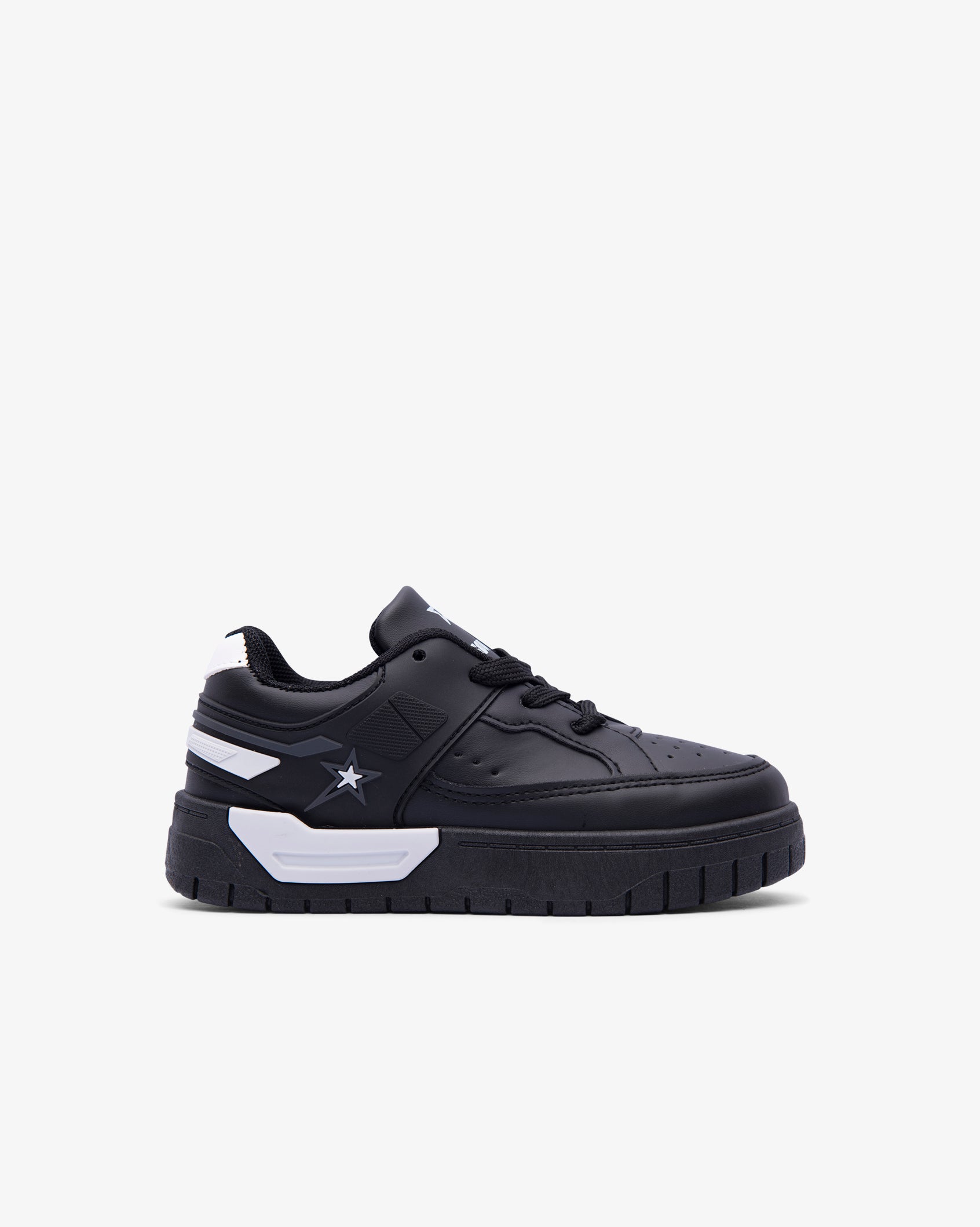 Kids low-cut PU sneakers, black with white stripes and star, lace-up platform sole