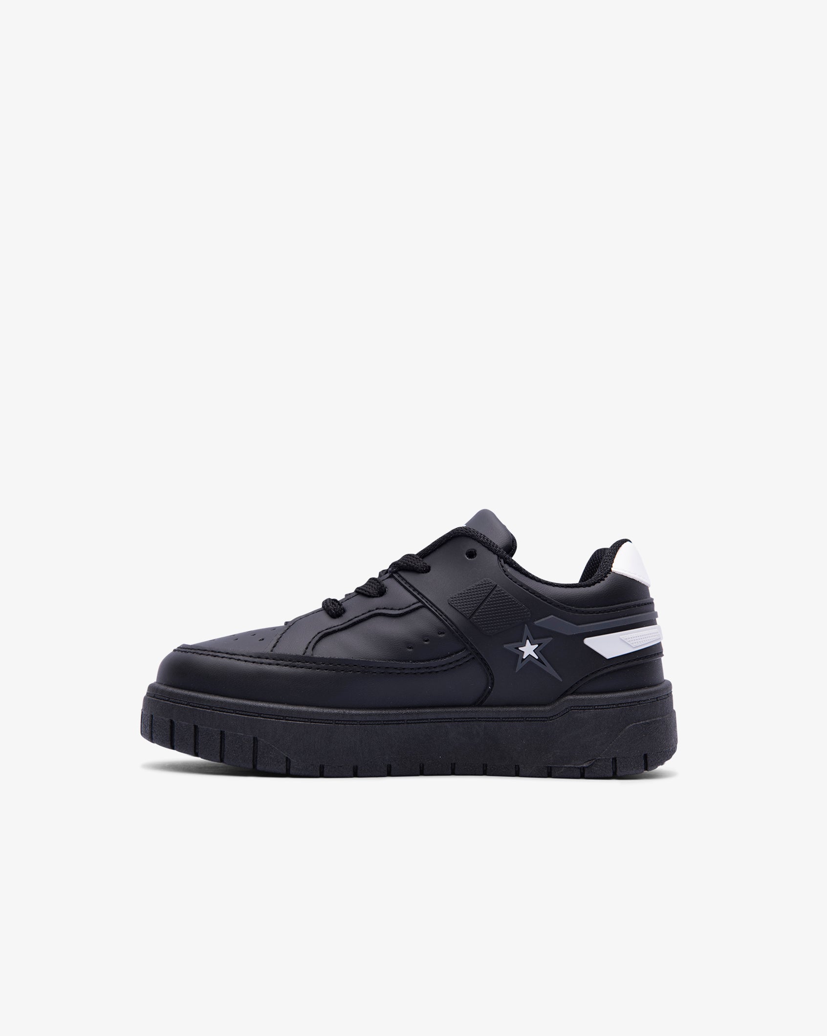 Kids low-cut PU sneaker in black with gray star mark and lace-up front, side view.