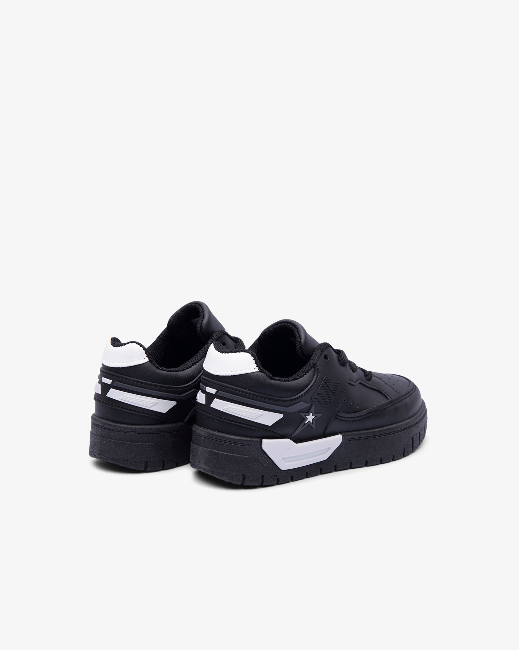 Kids low-cut PU sneakers, black with white side stripes, lace-up, chunky platform sole